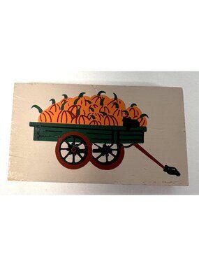 Cats Meow Wooden Block With Pumpkin Wagon Design